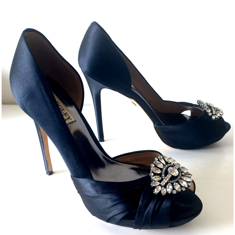 Badgley Mischka D'Orsay Pump Platform Black Satin Peep Toe Embellished Crystal 8 - Picture 3 of 10